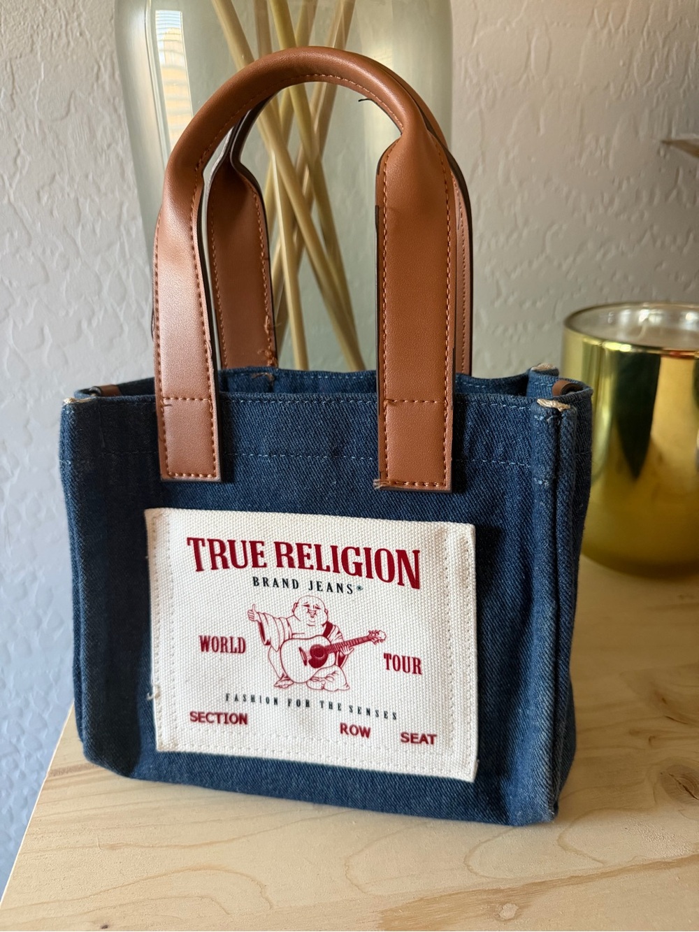 True Religion Denim Mini Tote with Red Logo and Brown Handles - Picture 1 of 7